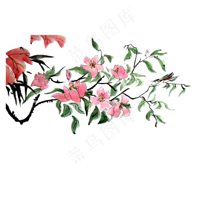 花鸟桃花枫叶螳螂春国画水墨,免抠元素
