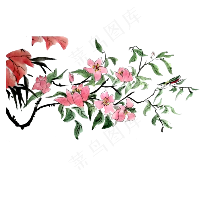 花鸟桃花枫叶螳螂春国画水墨,免抠元素(4000X4000(DPI:300))psd模版下载