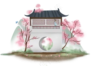 中国风闺中少女和桃花,免抠元素