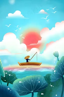 蓝色系卡通手绘风小暑夏景荷塘钓鱼配图