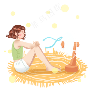 小暑女孩吹电扇解暑png