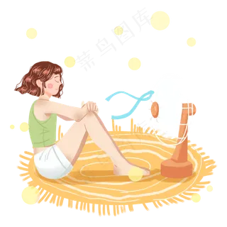 小暑女孩吹电扇解暑png