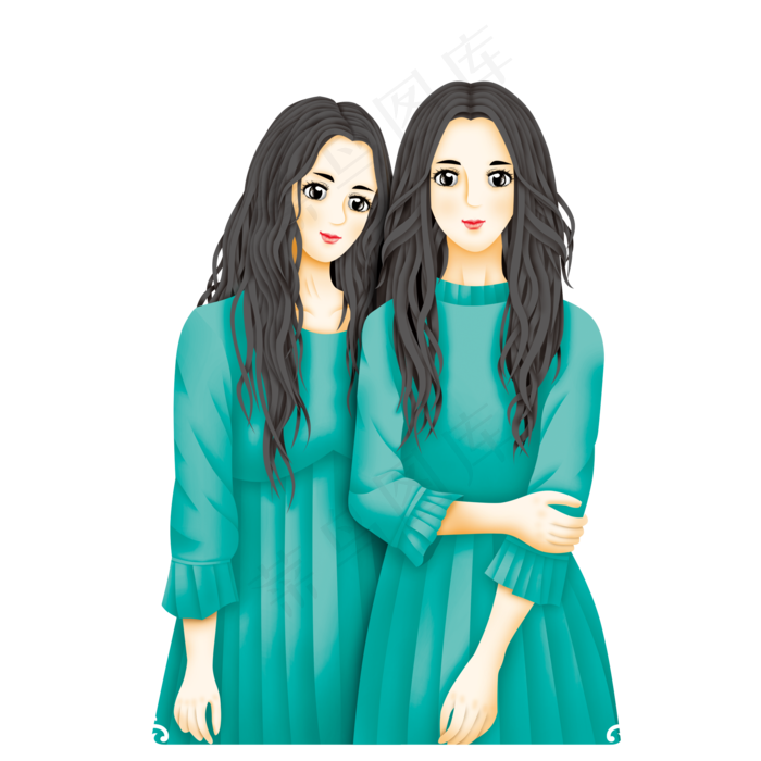 双胞胎绿色裙子姐妹元素