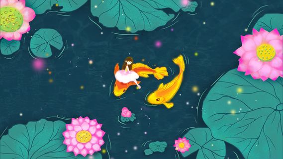 夏日清新荷塘荷花小女孩绿色系配图