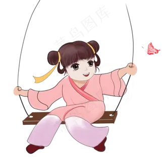 Q版手绘全身坐秋千可爱的小女孩