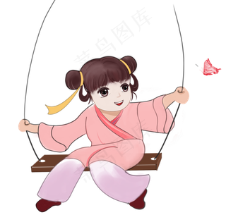 Q版手绘全身坐秋千可爱的小女孩