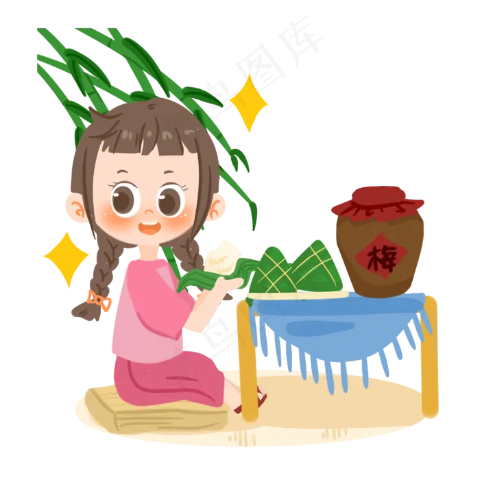 端午节卡通女孩吃粽子PNG素材(3000X3000(DPI:300))psd模版下载