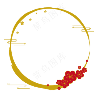 新春浅金色烫金水墨风春花祥云圆,免抠元素