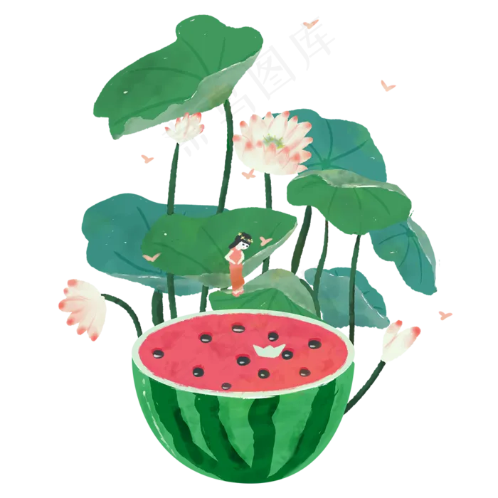 夏日荷花水彩水墨风(1000X1000(DPI:300))psd模版下载