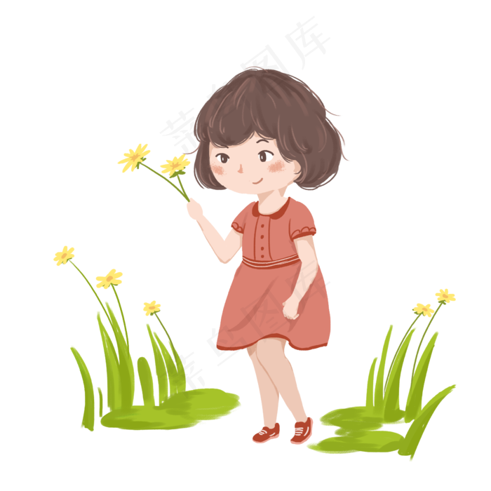 春游踏青拿着小花女孩