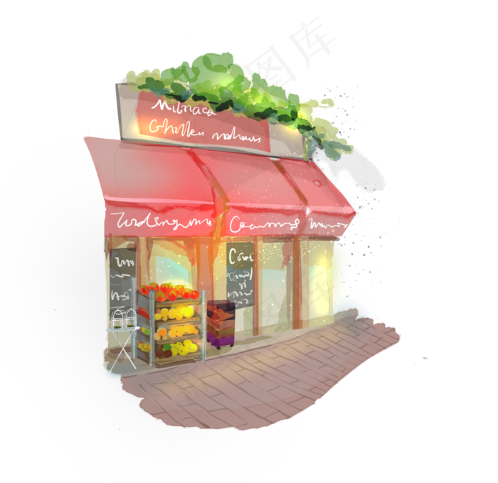 手绘咖啡店街景街道