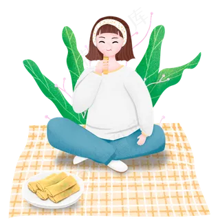 立春吃春卷的女孩手绘女孩,免抠元素