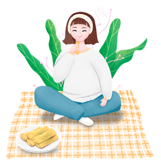 立春吃春卷的女孩手绘女孩,免抠元素