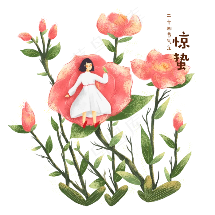 二十四节气之惊蛰女孩与蔷薇花(2500X2500(DPI:300))psd模版下载