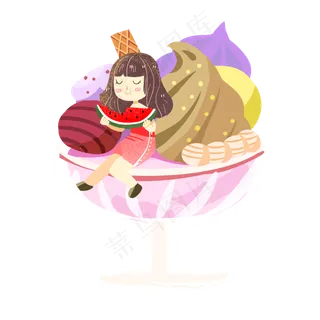 大暑冰淇淋坐着吃西瓜的女孩素材