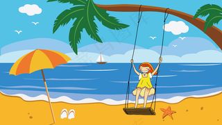 炎热的夏天在小姑娘在海边玩耍