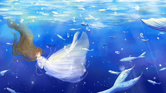 蓝色唯美卡通夏季立夏节气清凉海里深海配图(2880*1620px 300 dpi )psd模版下载