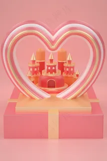 C4D情人节珊瑚橙立体可爱卡通小镇 C4D情人节珊瑚橙立体可爱卡通小镇