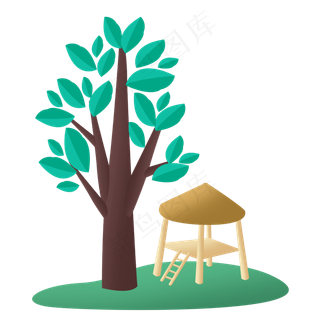 可爱清新的大树和可爱的小草棚