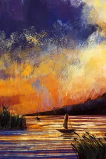 鲜艳夕阳西下色彩油画风景 鲜艳夕阳西下色彩油画风景