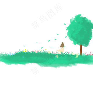 春季水彩绿色大树草地