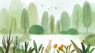 水墨风景简约干净水彩绿色系文艺清新手绘