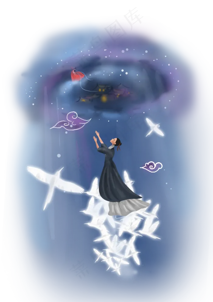 七夕情人节牛郎和织女相会,免抠元素(3508*4961px 300 dpi )psd模版下载
