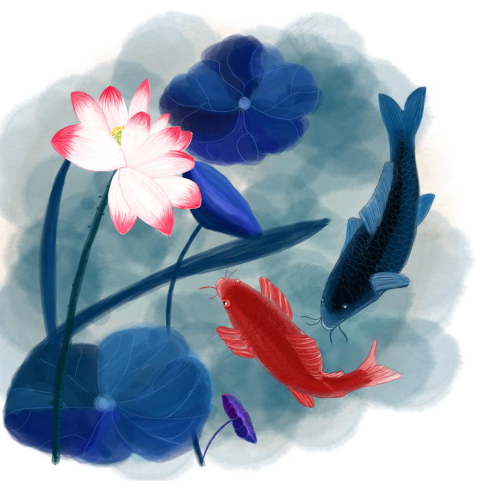 中国风水墨水彩工笔连年有余手绘