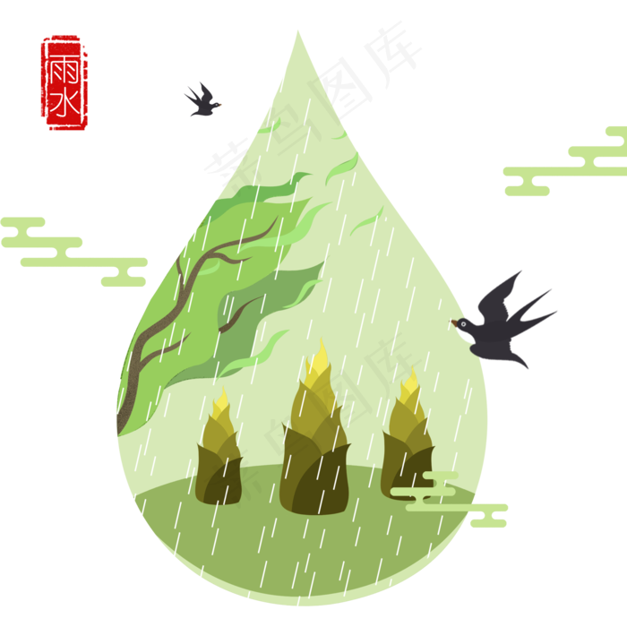 农历二十四节气雨水PNG农历春笋燕,免抠元素