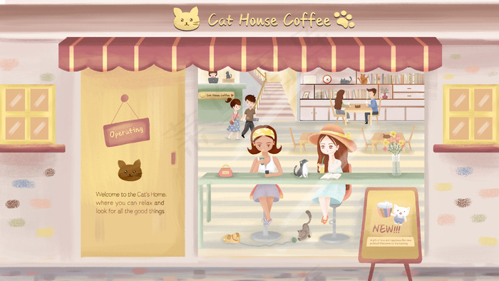 温暖系可爱夏季街景女孩猫咪咖啡店配图(2880*1620px 300 dpi )psd模版下载