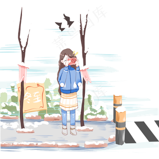 冬至寒风呼呼马路边的小女孩,免抠元素