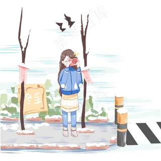 冬至寒风呼呼马路边的小女孩,免抠元素