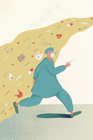 暖色系劳动节卡通小清新医生奔跑配图