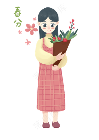 春分捧着鲜花的小女孩,免抠元素
