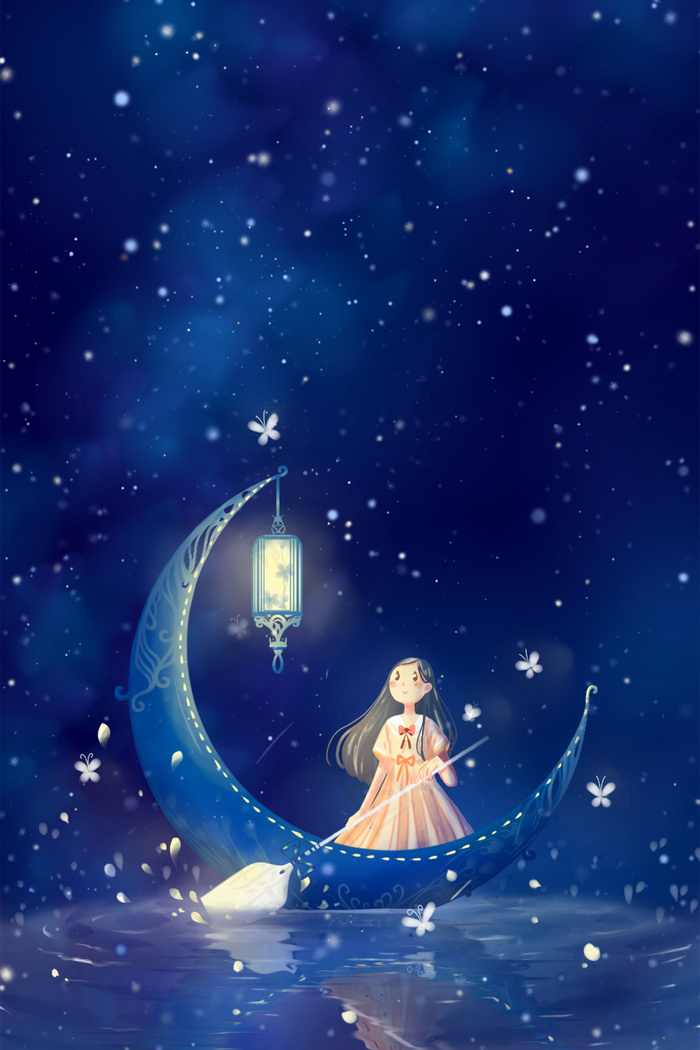 深蓝色唯美清新卡通少女划船夜晚月亮船配图(3545X5315(DPI:300))psd模版下载