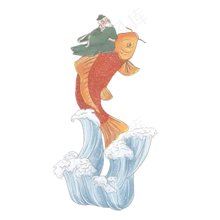 手绘中国古代神话传说琴高控鲤升,免抠元素