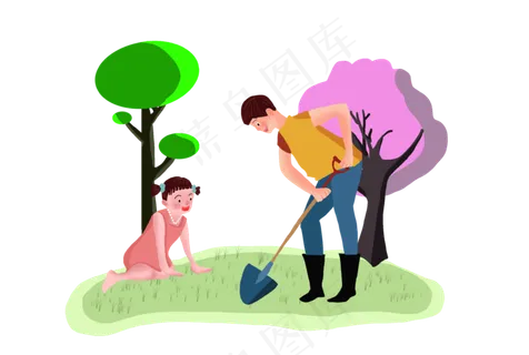 看着爸爸种树的小女孩