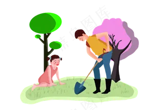 看着爸爸种树的小女孩