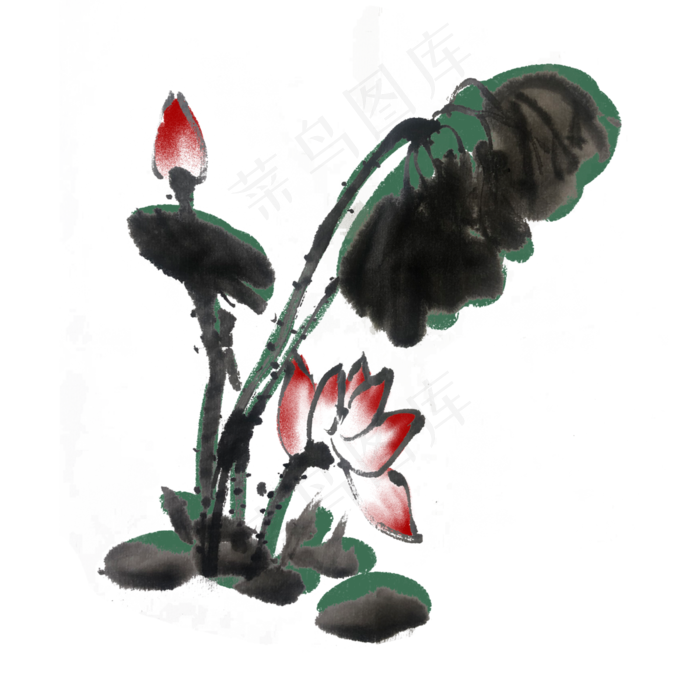 夏季水墨荷花手绘素材(4000X4000(DPI:300))psd模版下载