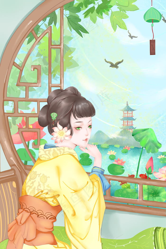 赏花节少女湖边赏荷花