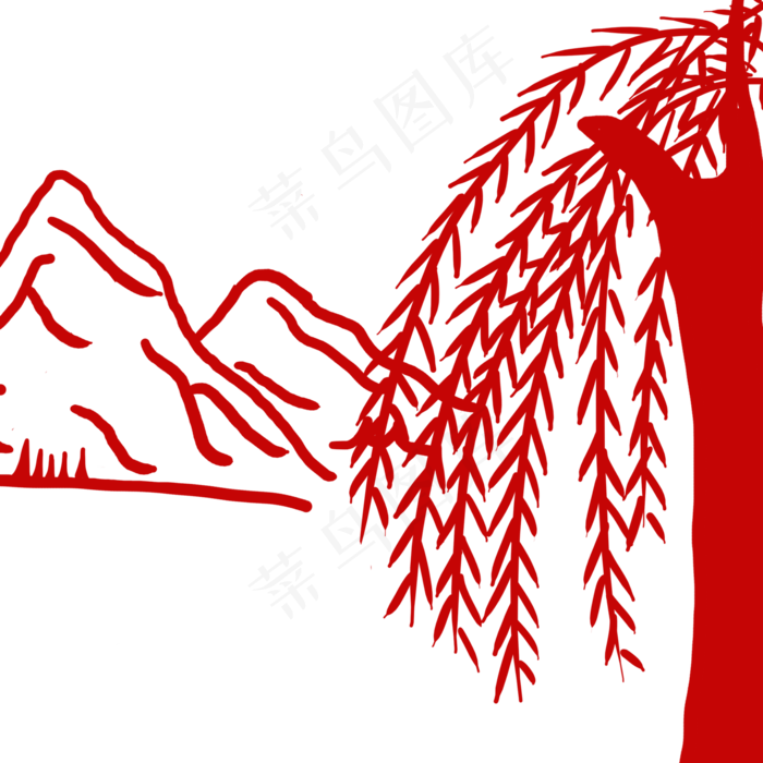 红色山水窗花卡通png素材