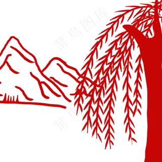 红色山水窗花卡通png素材