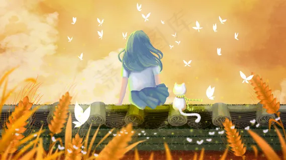 立秋秋风秋天秋季黄色女孩与猫看夕阳