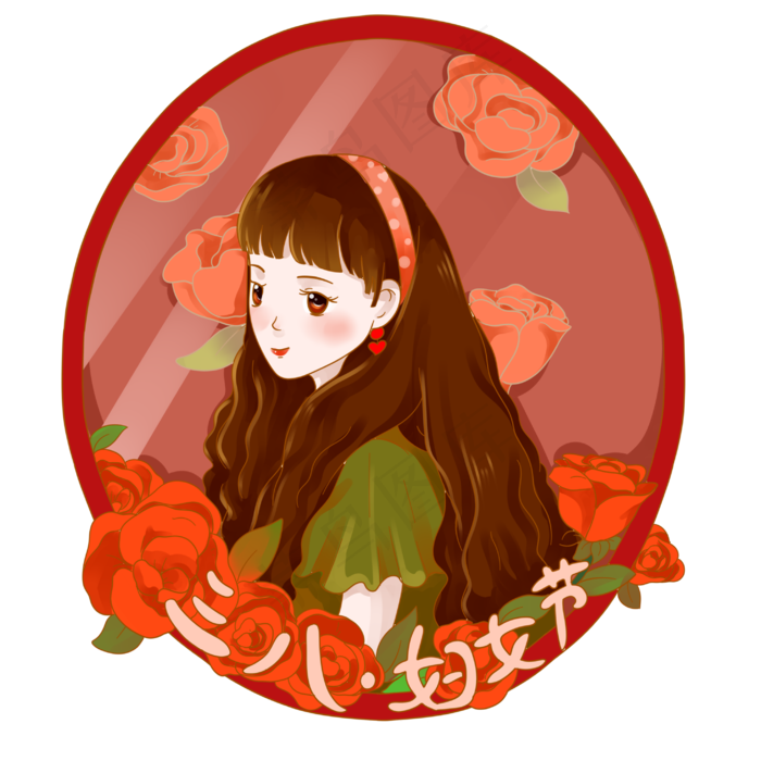 三八妇女节红色玫瑰女孩PNG素材(2894X2894(DPI:350))psd模版下载