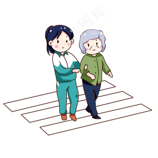 手绘卡通扶老人过马路,免抠元素