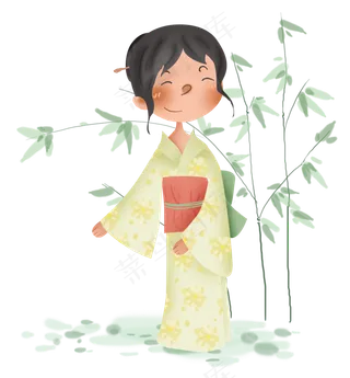 春天竹子旁的和服少女