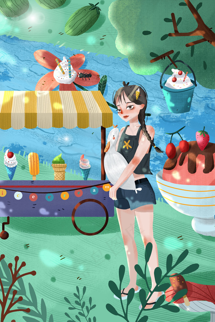 51劳动节少女旅游旅行风景卡通小清新插画