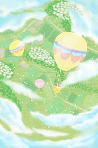 治愈唯美美景热气球穿过白云俯视草原景色