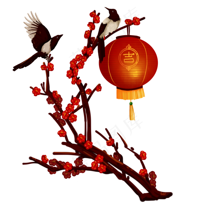 喜上眉梢花灯喜鹊梅花免抠元素(2000*2000px 300 dpi )psd模版下载