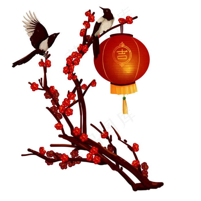 喜上眉梢花灯喜鹊梅花免抠元素